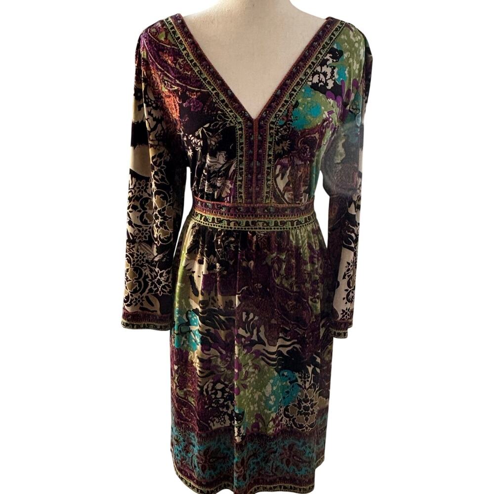 ECI New York Dress Floral V-Neck Stretchy Dress Boho Colorful Size XL